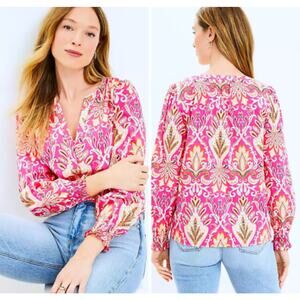 LOFT Floral Paisley Popover Top Womens Large Hot Pink Colorful Blouse